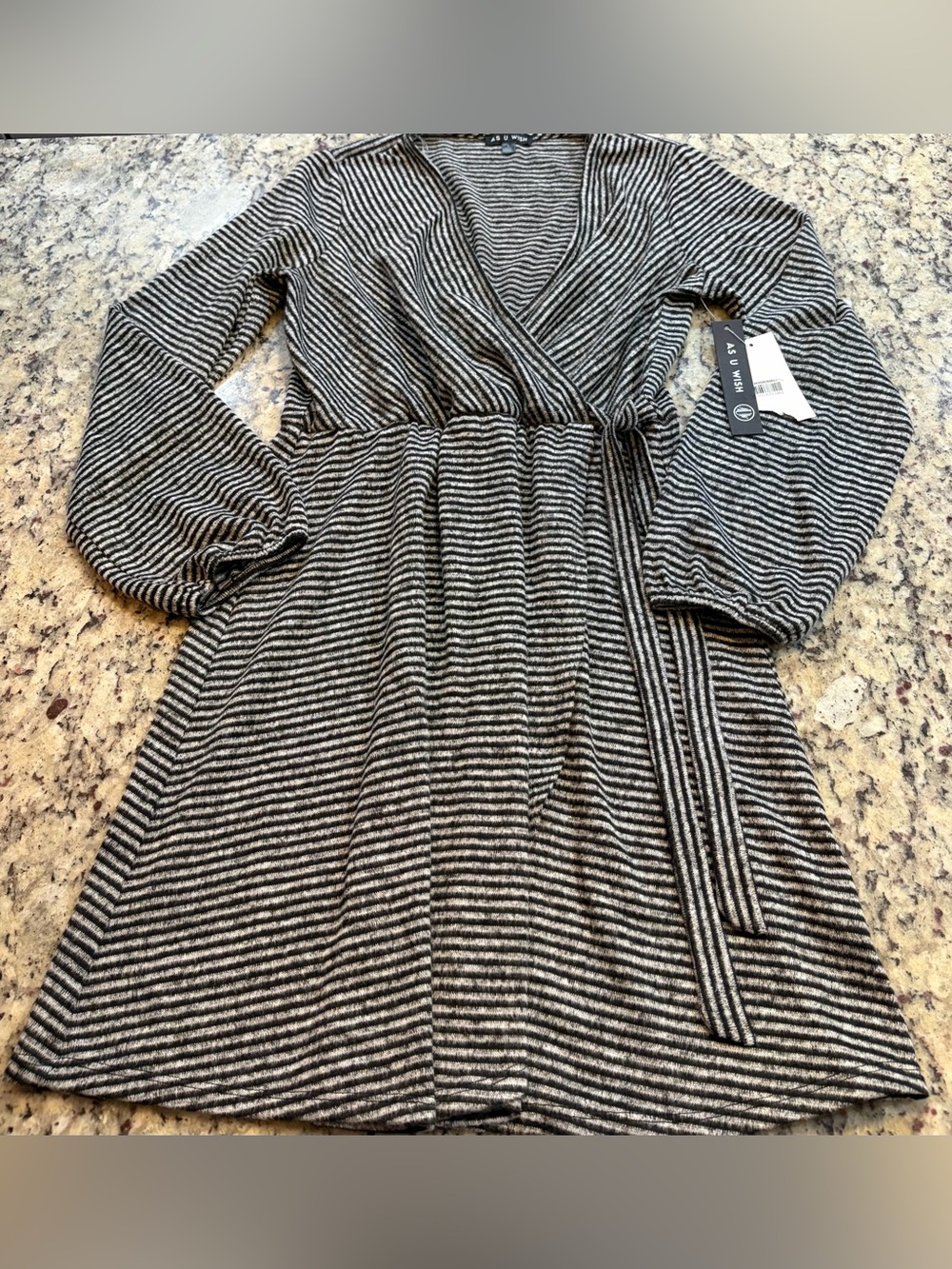 As U Wish Black and White Striped Long Sleeve Dress with Tie Waist